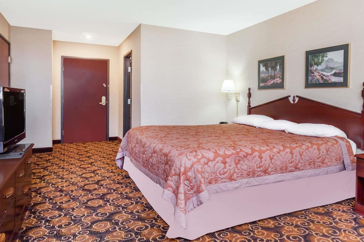 Une chambre d’hôtel avec un grand lit, une télévision, une porte et deux tableaux encadrés au mur.