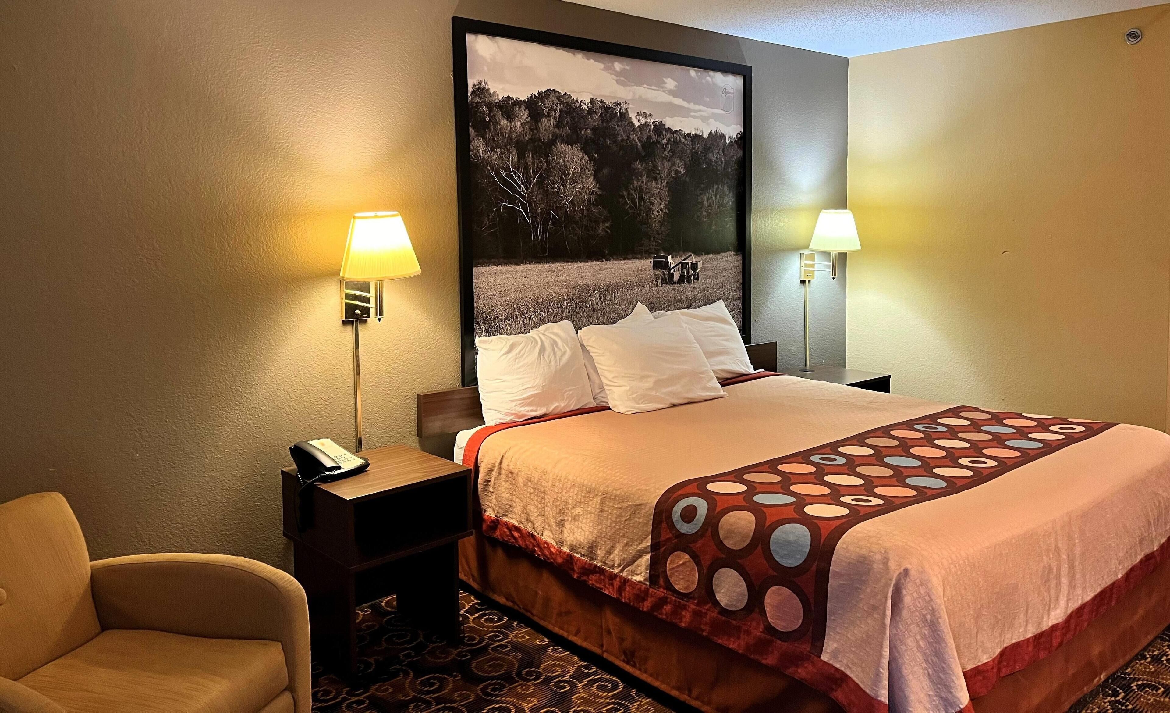 Una habitación de hotel con una cama, dos lámparas de noche, un teléfono, una silla y un cuadro grande en la pared.