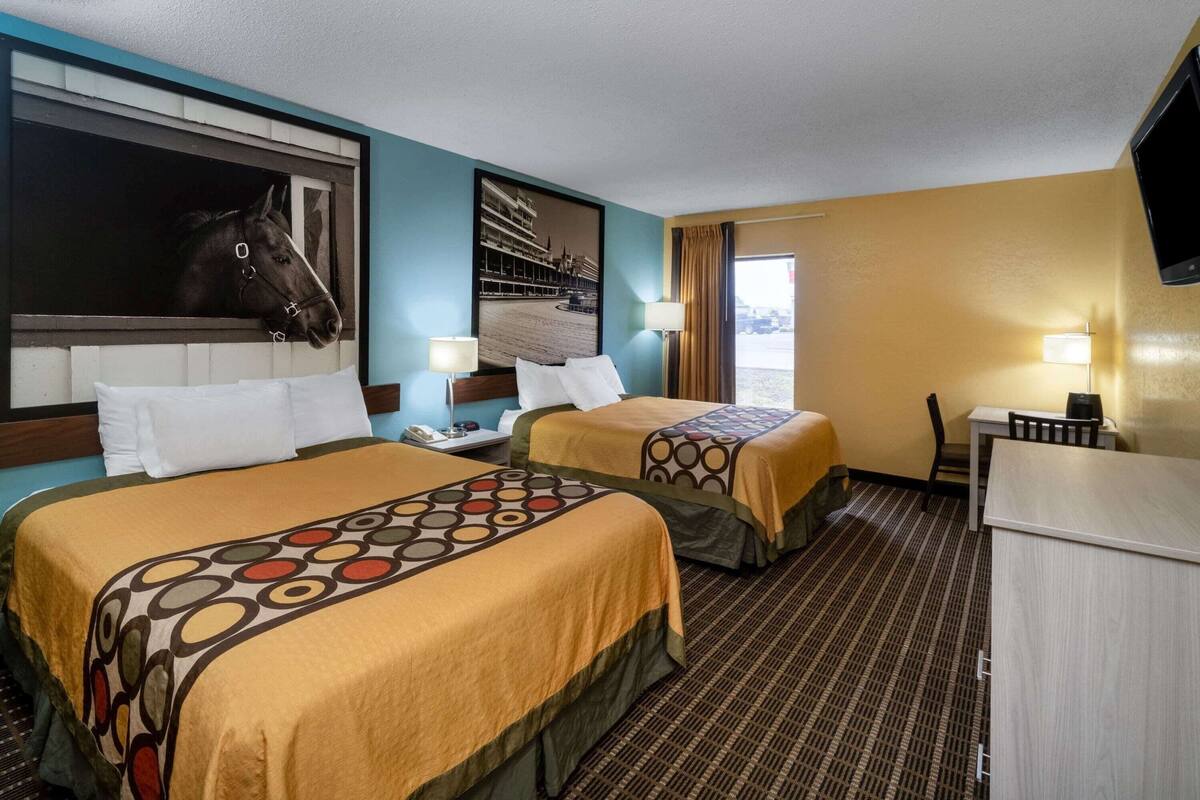 Habitación de hotel con dos camas, un escritorio, una silla, un televisor y un cuadro de caballos en la pared.