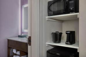 Desk, laptop workspace, blackout curtains, iron/ironing board