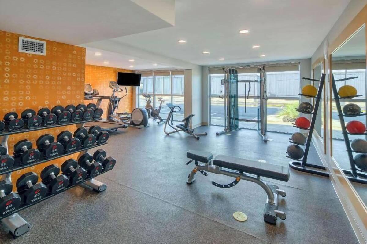 A gym with weightlifting equipment, cardio machines, and a bench.