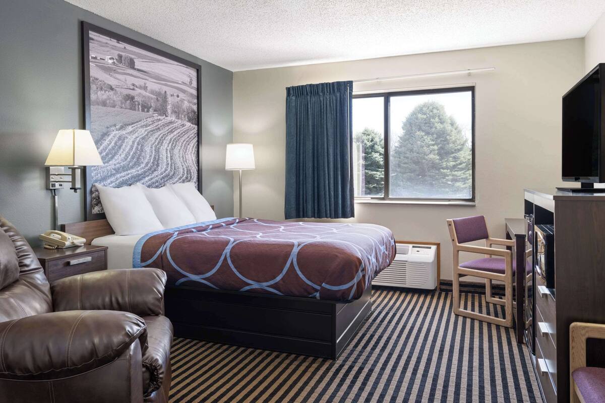 A hotel room with a bed, a desk, a chair, a TV, and a large window with a view of trees.