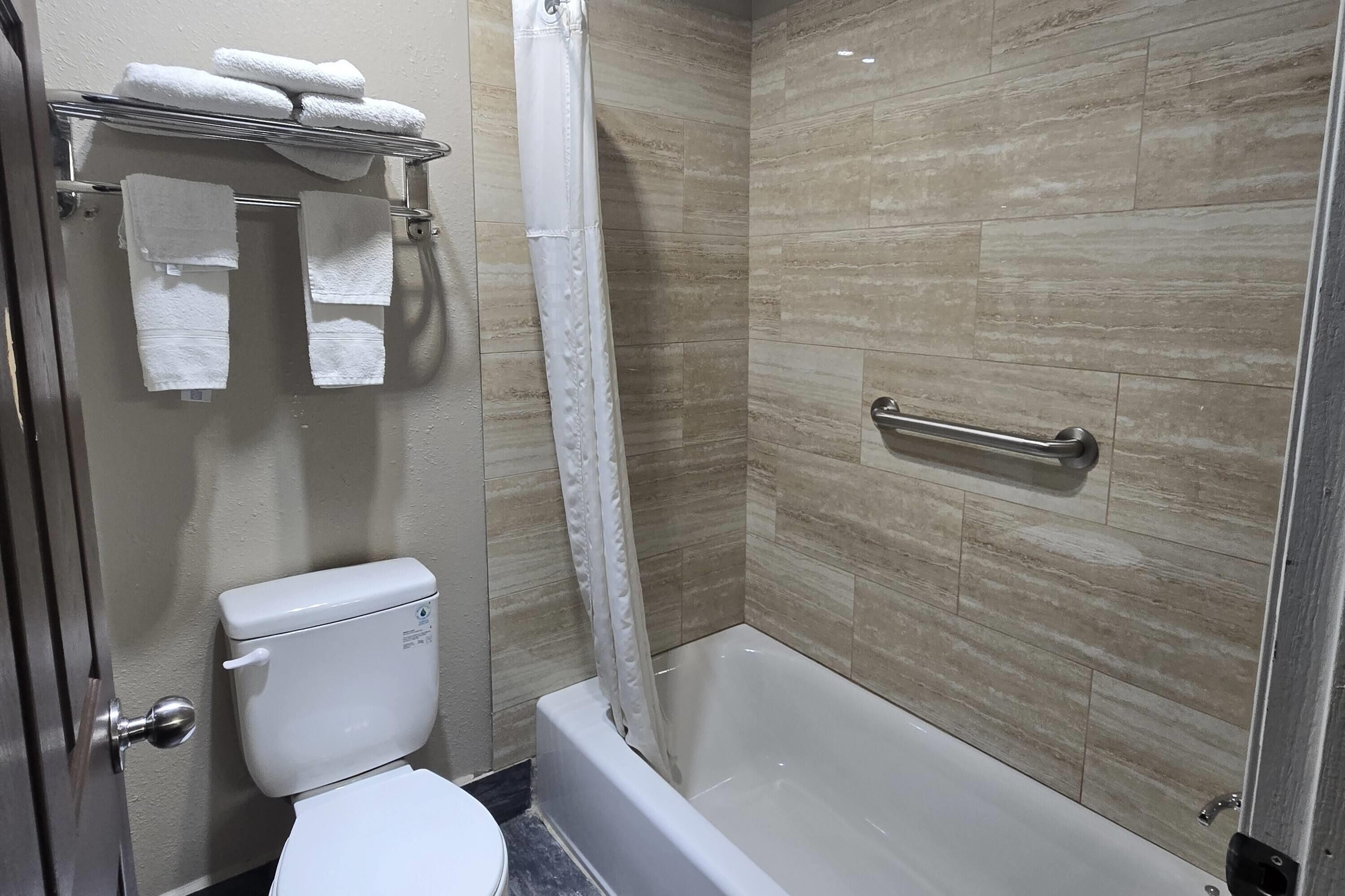 Een badkamer met een toilet, een douche met glazen deur en een handdoekrek met opgevouwen handdoeken.