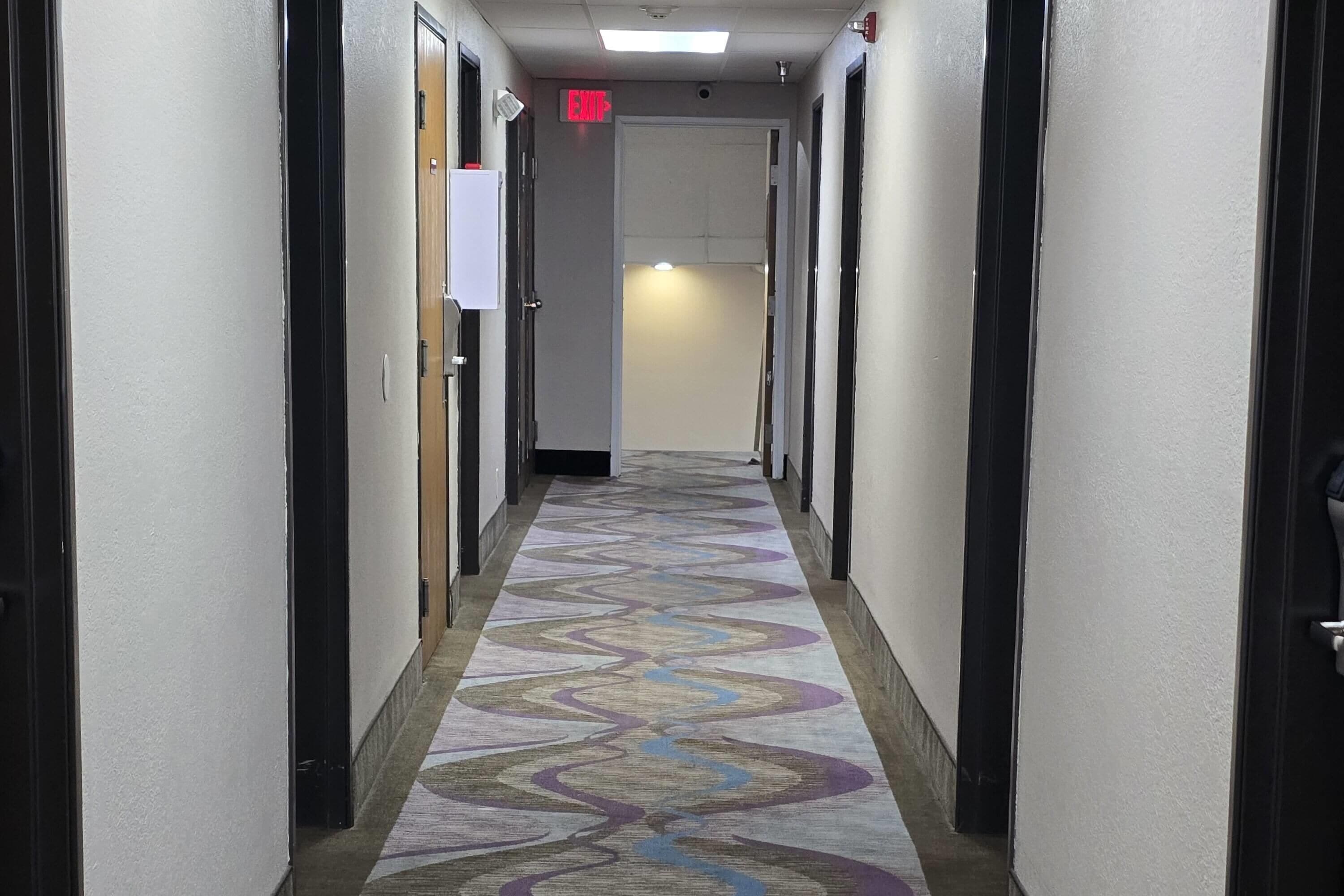 A hotel hallway with doors on both sides, a patterned carpet, and an exit sign.