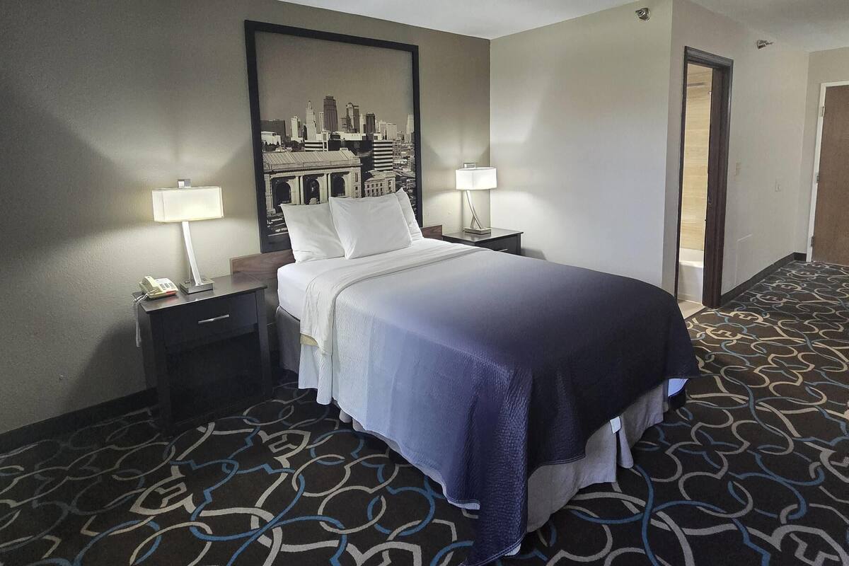 Una habitación de hotel con una cama, dos lámparas de noche, un cuadro de un paisaje urbano y una alfombra estampada.