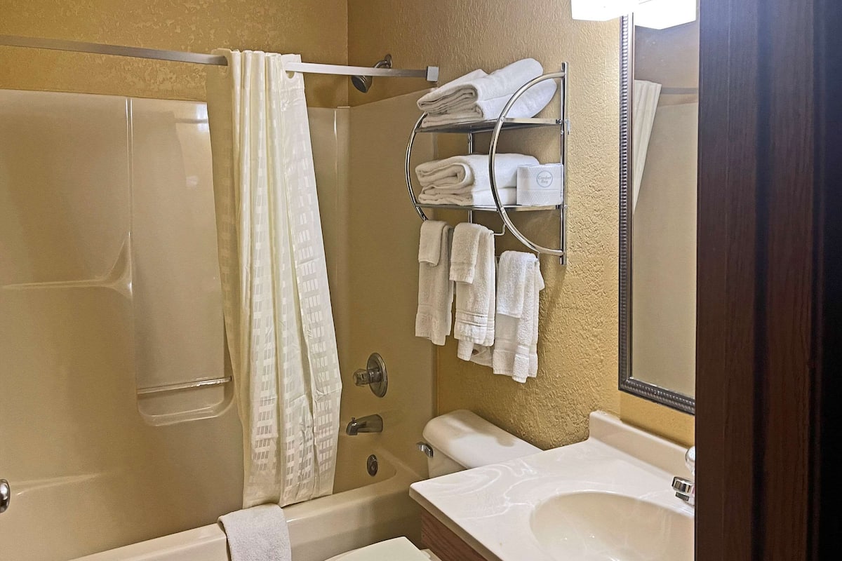 Combined shower/tub, hair dryer, towels