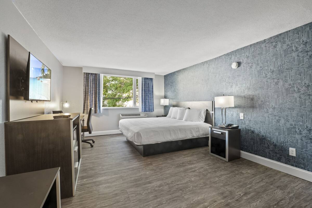 A modern hotel room with a large bed, a desk, a TV, and a window with curtains.