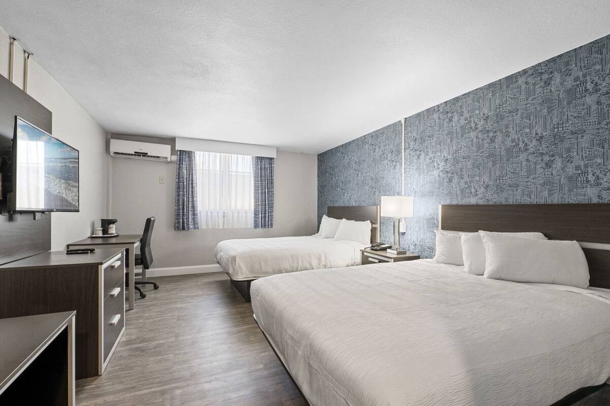 A hotel room with two beds, a desk, a TV, and a patterned wall.