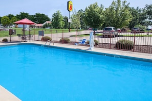 Seasonal outdoor pool, pool loungers