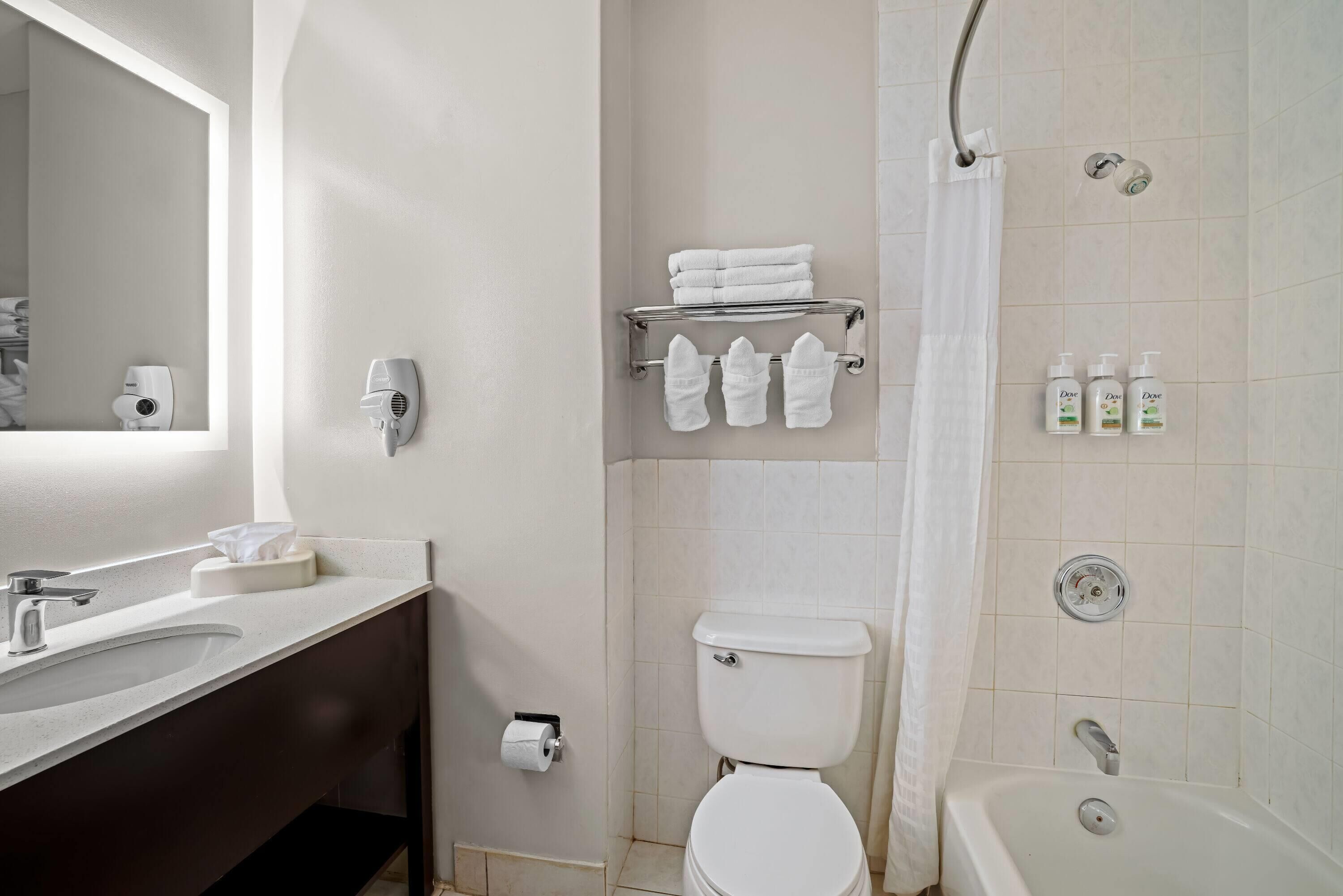 Combined shower/tub, free toiletries, hair dryer, towels
