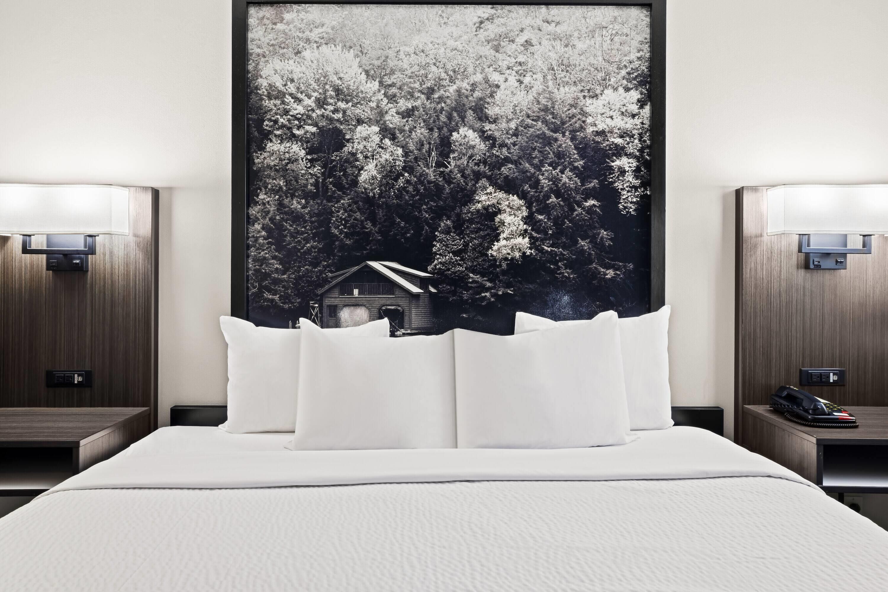 Une chambre d’hôtel avec un grand lit, du linge de lit blanc, deux tables de chevet avec des lampes et un grand tableau encadré représentant un paysage forestier.