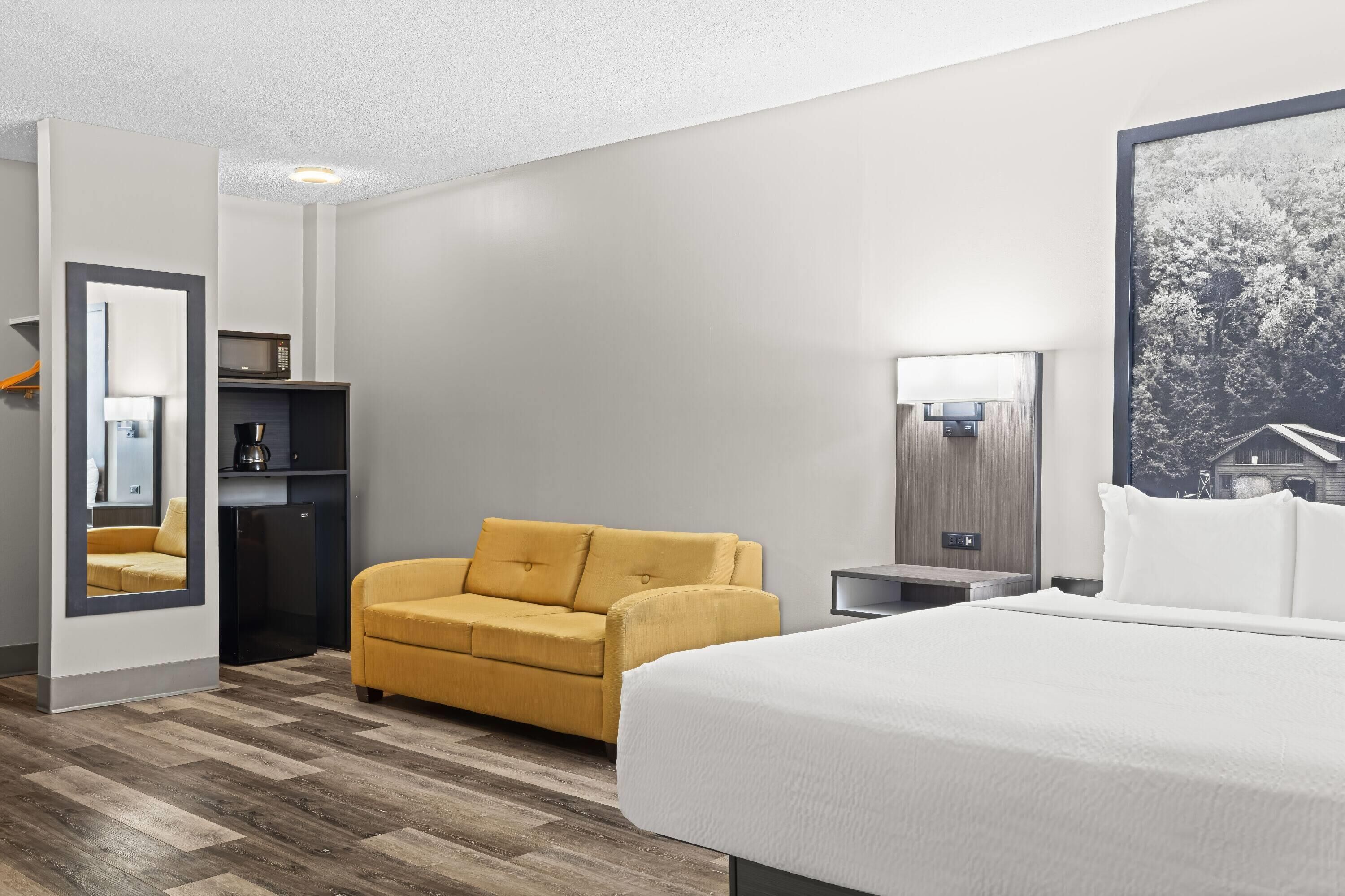 A hotel room with a bed, a sofa, a desk, a lamp, a microwave, and a refrigerator.