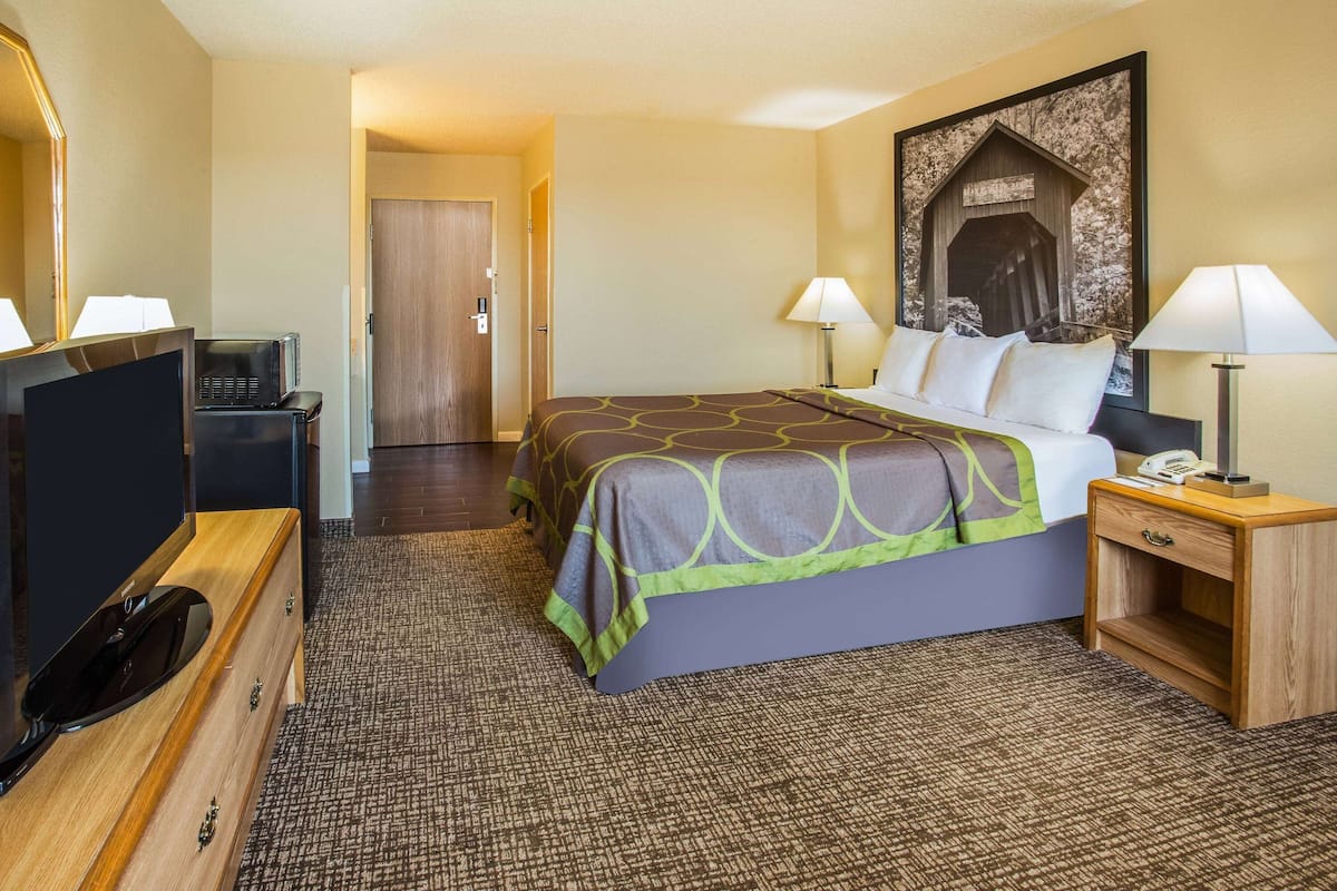 Una habitación de hotel con cama, mesitas de noche, televisor y escritorio con espejo.