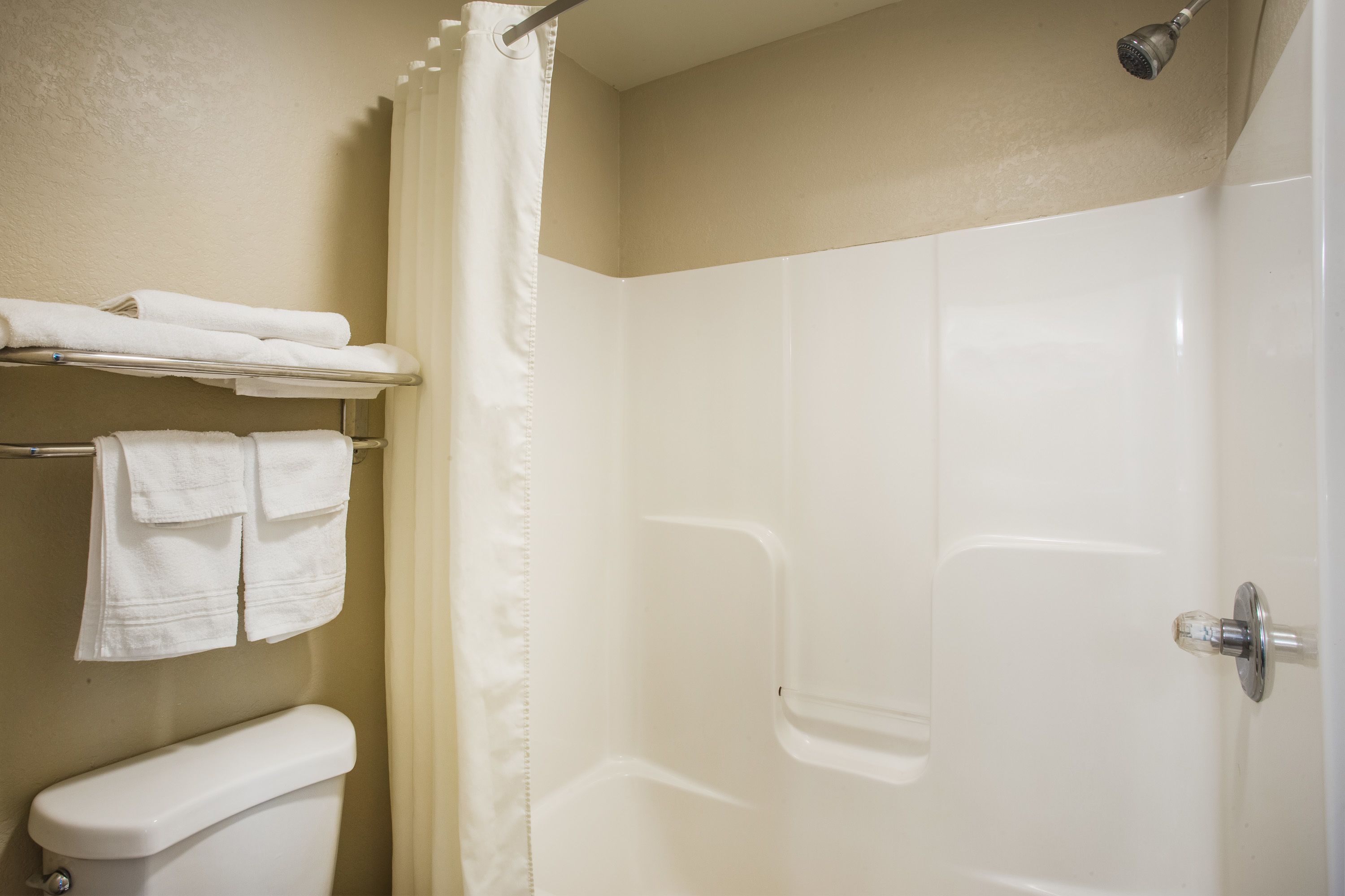 A bathroom with a shower, toilet, and towel rack.