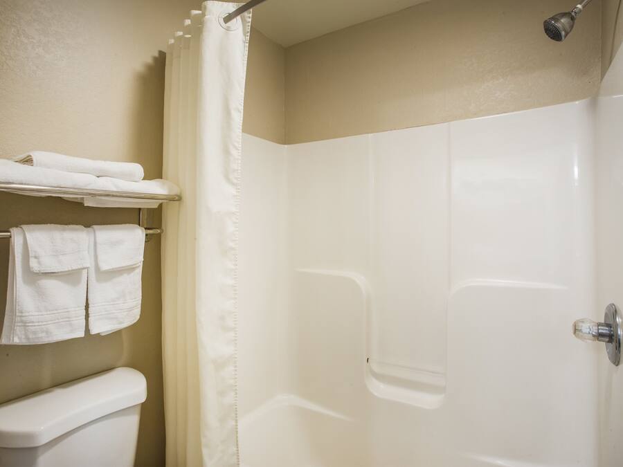 A bathroom with a shower, toilet, and towel rack.