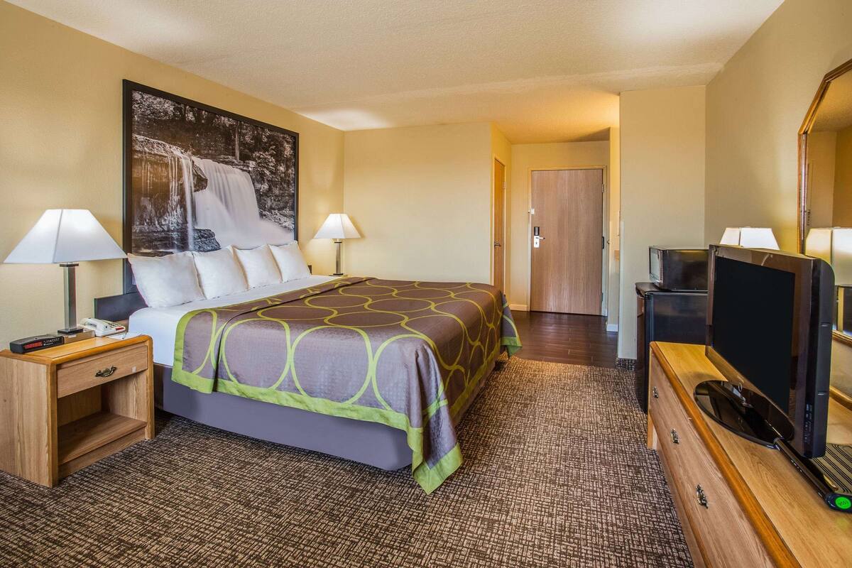 Habitación de hotel con una cama, dos lámparas de noche, un televisor, una mesita de noche de madera, un aparador y un cuadro grande en la pared.