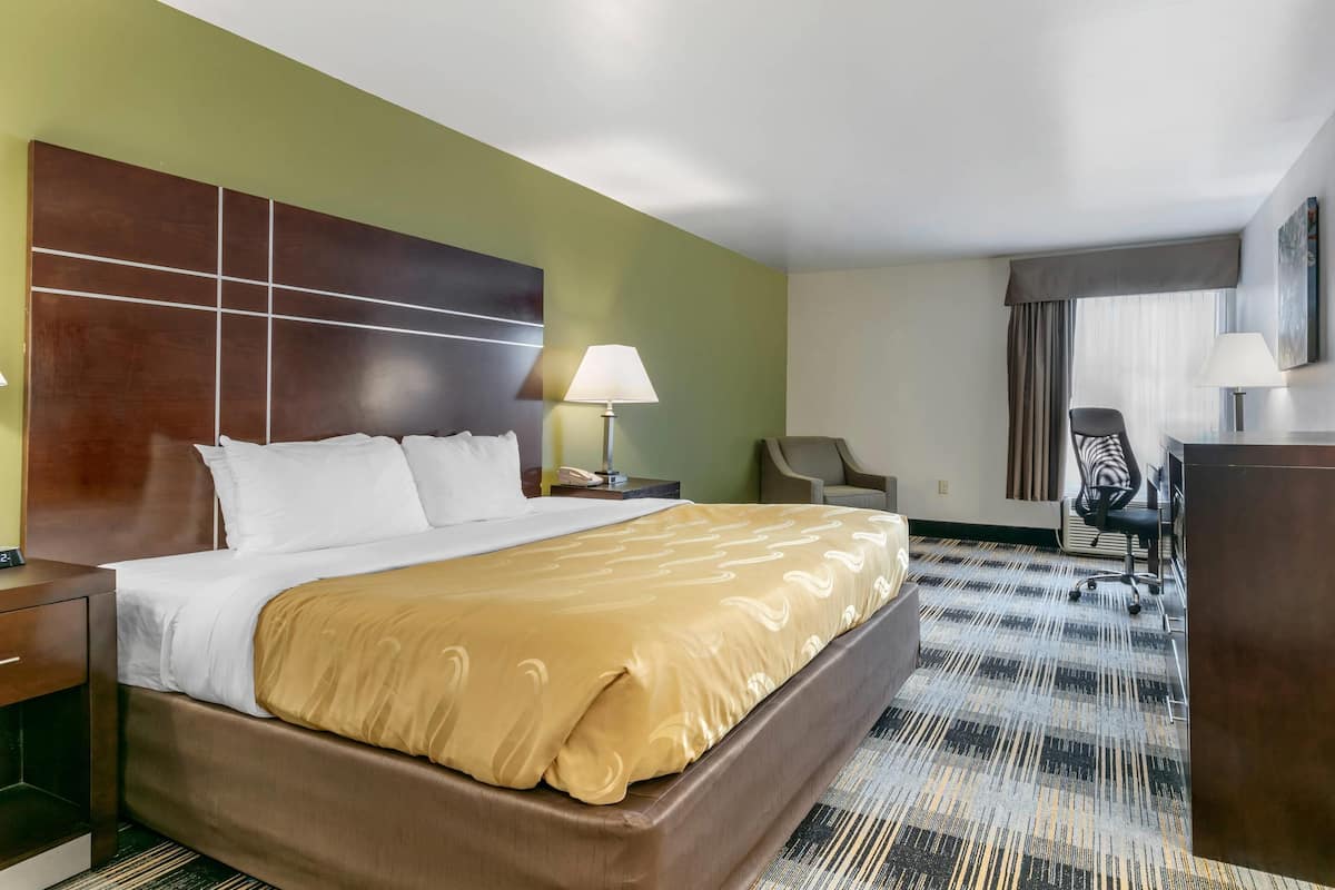 Una habitación de hotel con una cama grande, un escritorio, una silla y una lámpara.