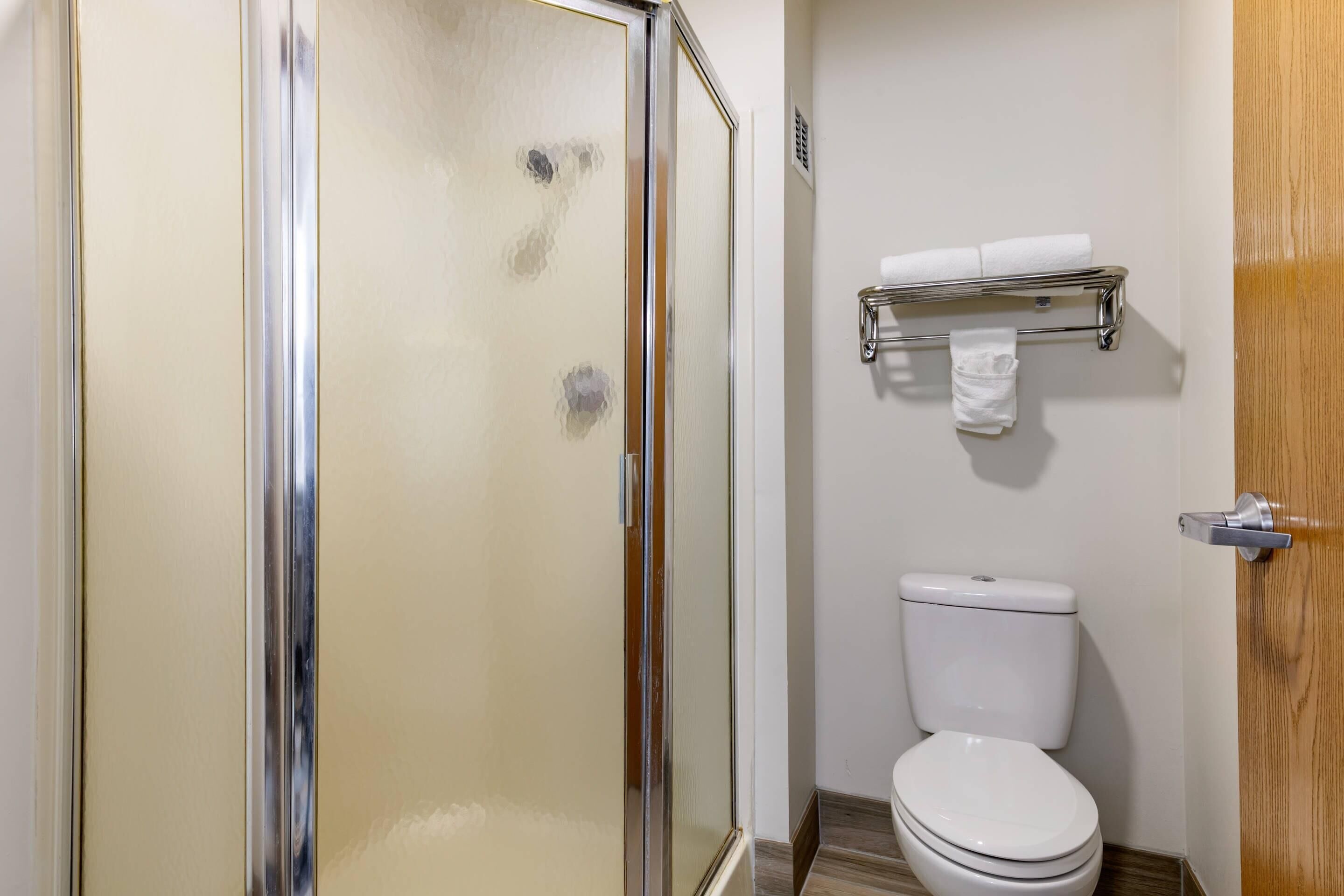 A bathroom with a glass shower enclosure, a white toilet, and a towel rack with towels.