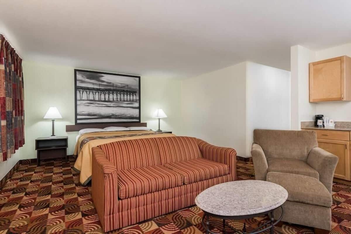 Habitación de hotel con cama, sofá, mesa redonda, silla, lámpara, un cuadro y alfombra estampada.