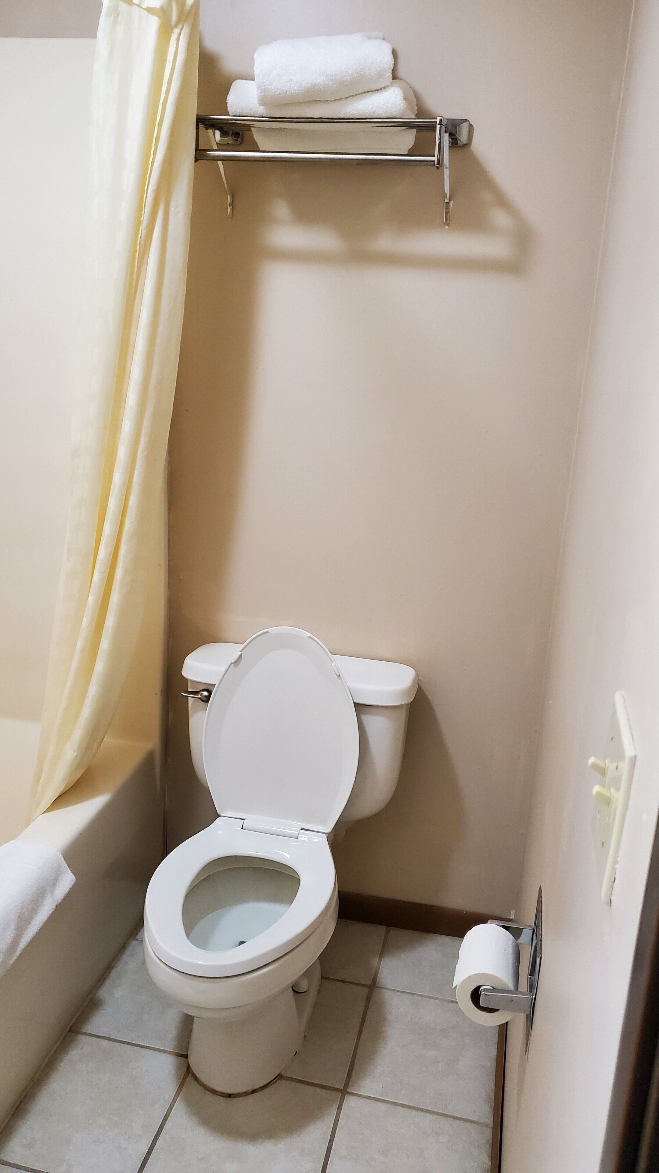 A small bathroom with a toilet, a shower curtain, a towel rack with towels, and a toilet paper holder.