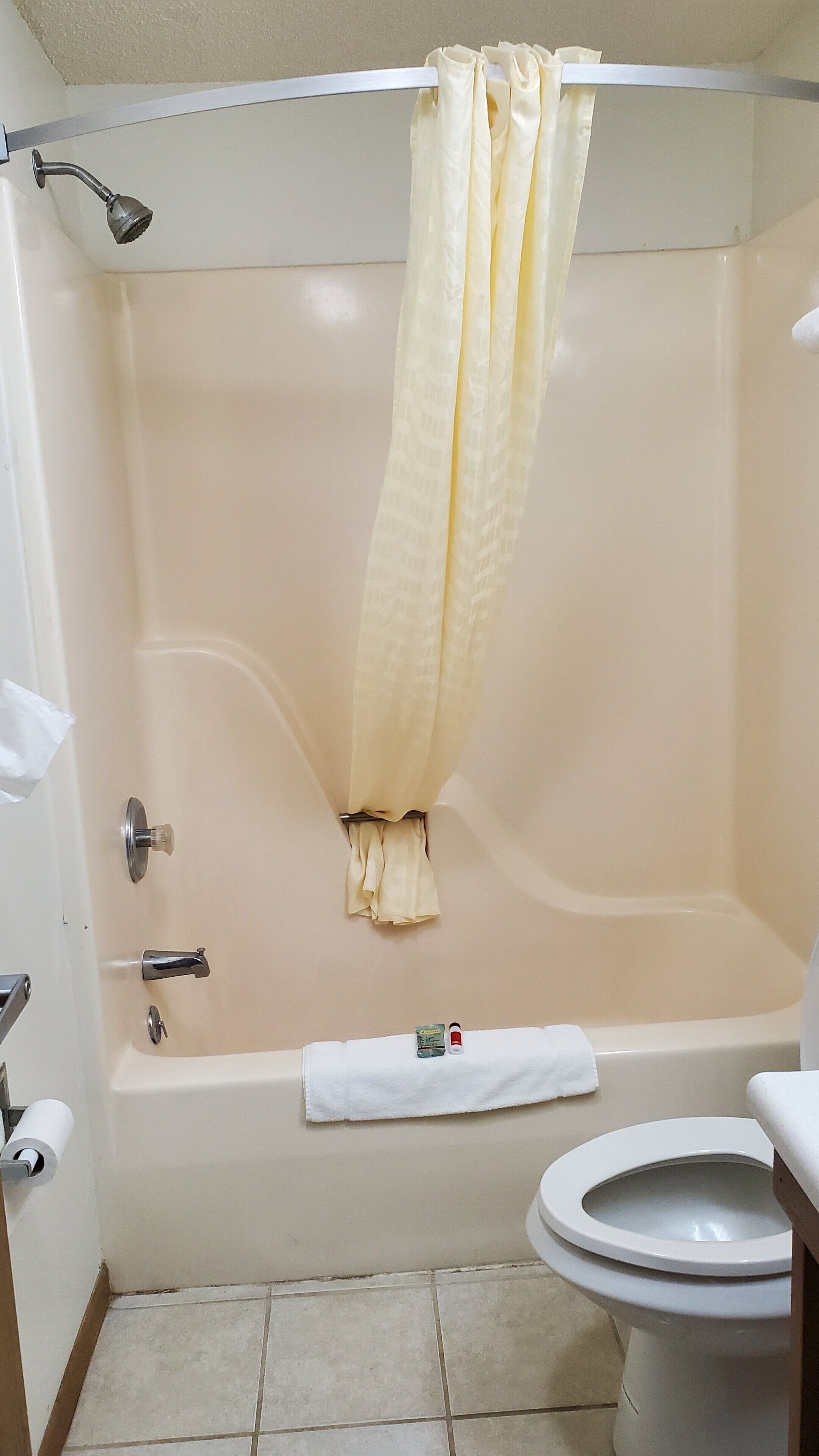 Une salle de bain avec une baignoire, des toilettes et un rideau de douche.