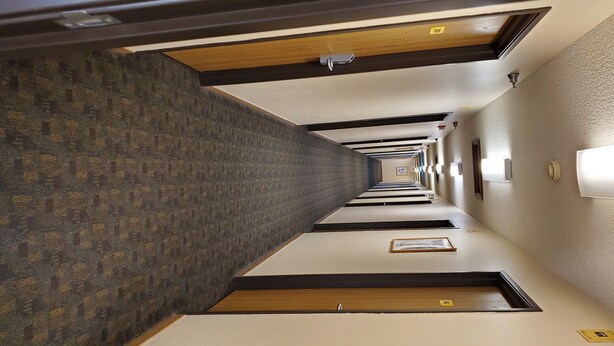 Un pasillo de hotel con paredes cubiertas de moqueta, puertas de madera y un suelo con estampado.