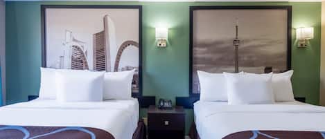 Pillow-top beds, desk, laptop workspace, blackout curtains