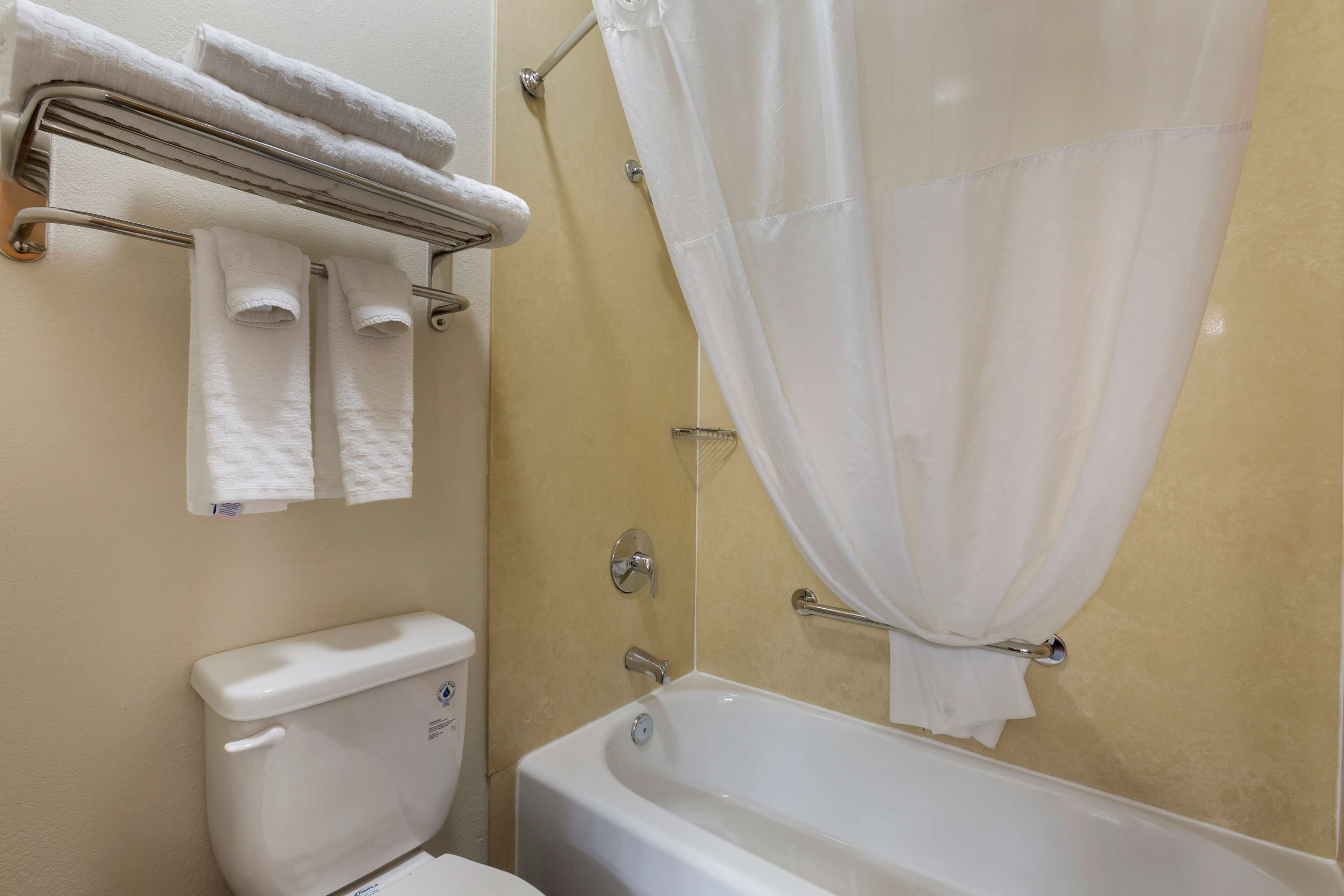combined shower/bathtub, free toiletries, hair dryer, towels