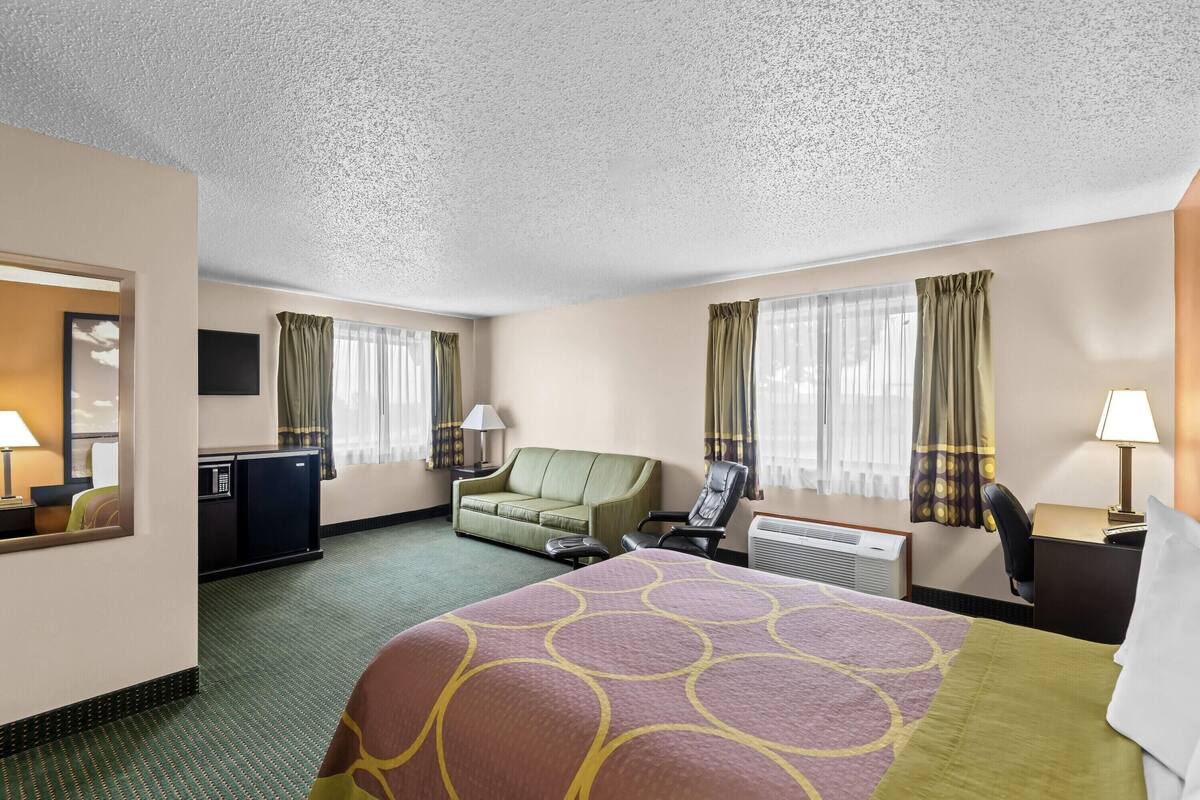 Una habitación de hotel con cama, escritorio, silla, sofá, televisor y espejo.