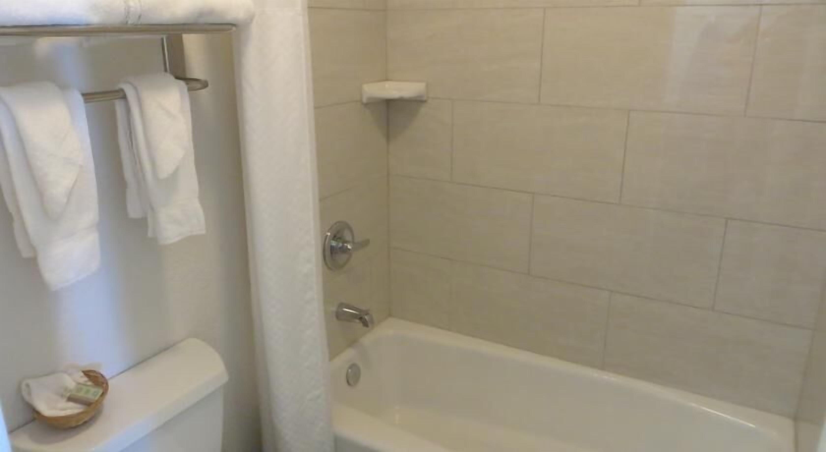 A bathroom with a bathtub, a toilet, and a towel rack.