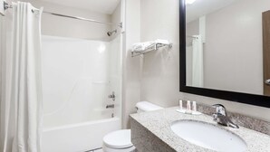 Ein Badezimmer mit Dusche, Toilette, Waschbecken und Spiegel.