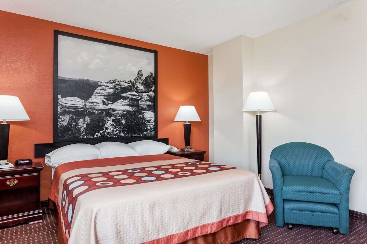 Une chambre d’hôtel avec un lit, deux lampes de chevet, une chaise, un grand tableau encadré au mur et une table de chevet avec un téléphone.