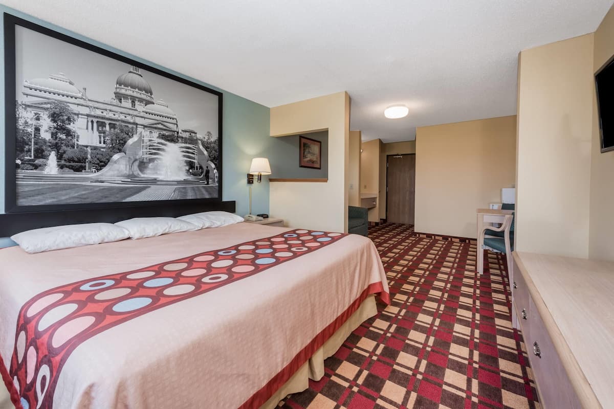 Habitación de hotel con cama, un cuadro grande en la pared, alfombra estampada, escritorio y una silla.