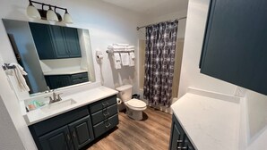 A modern bathroom with a wooden floor, a large mirror, a sink with a vanity, a toilet, and a shower curtain.