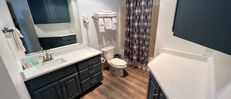 Suite, non-fumeurs, cuisine | Salle de bain | Ensemble douche/baignoire, sĂšche-cheveux, serviettes fournies, savon