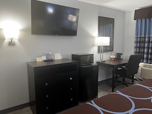 Desk, blackout curtains, iron/ironing board, free WiFi