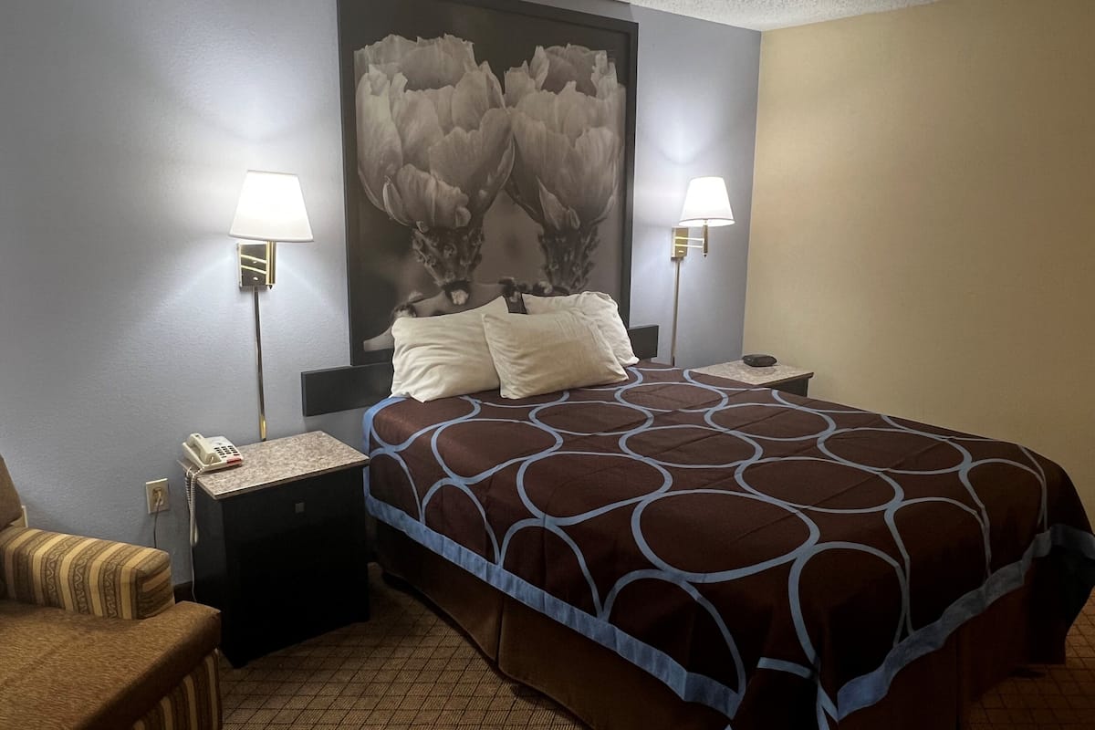 Une chambre d’hôtel avec un grand lit, deux lampes de chevet, une table de chevet avec un téléphone et un tableau accroché au mur.