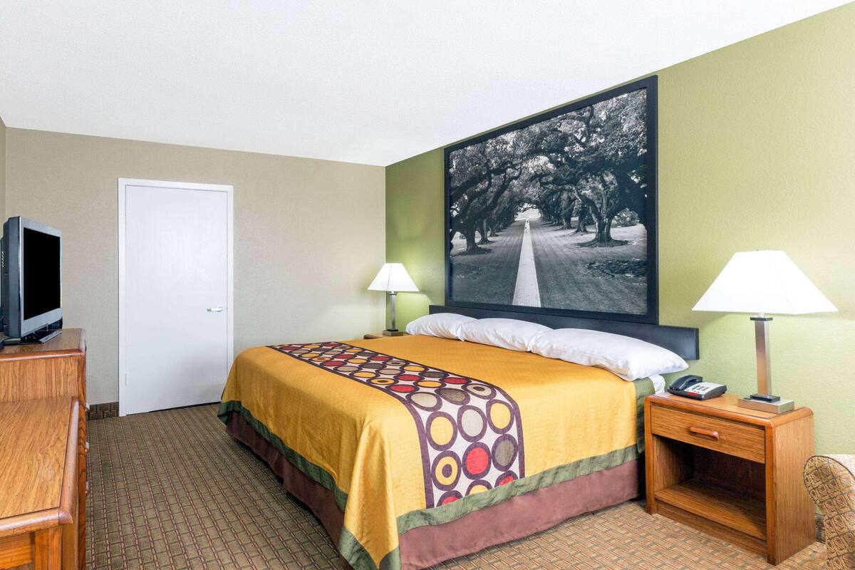Een hotelkamer met een bed, twee bedlampen, een televisie en een groot gepoft schilderij aan de muur.