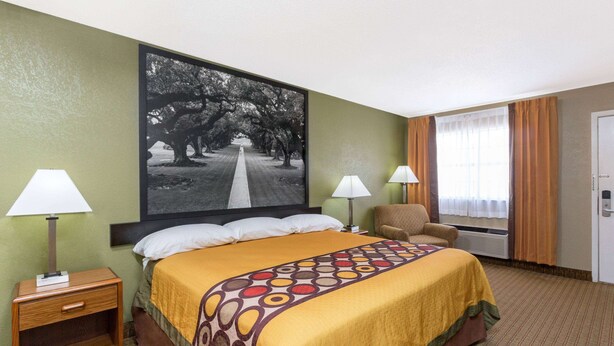 Quarto de hotel com uma cama grande, duas luminárias de cabeceira, uma cadeira, uma porta e um quadro grande na parede.
