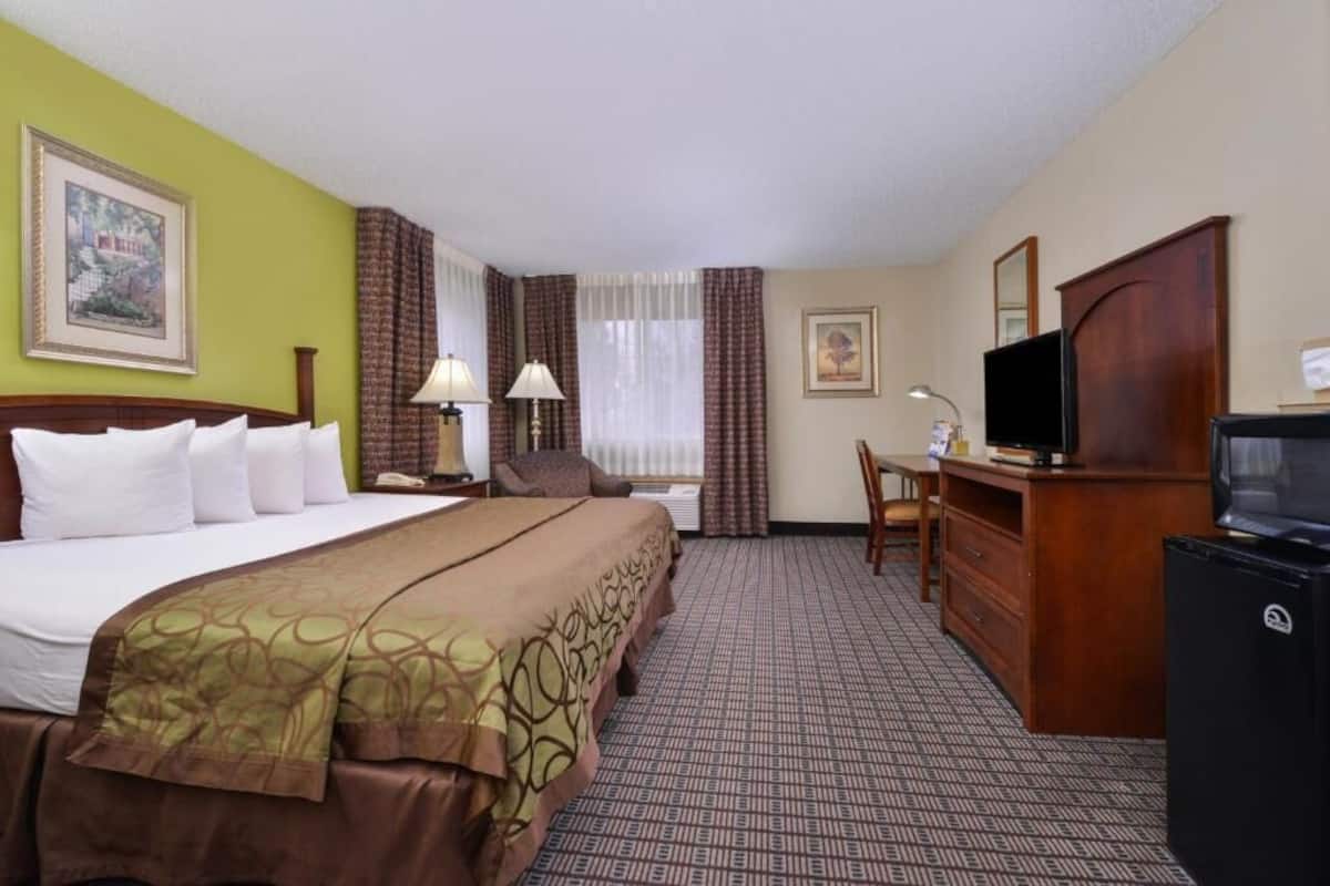 A hotel room with a bed, desk, television, and a small refrigerator.