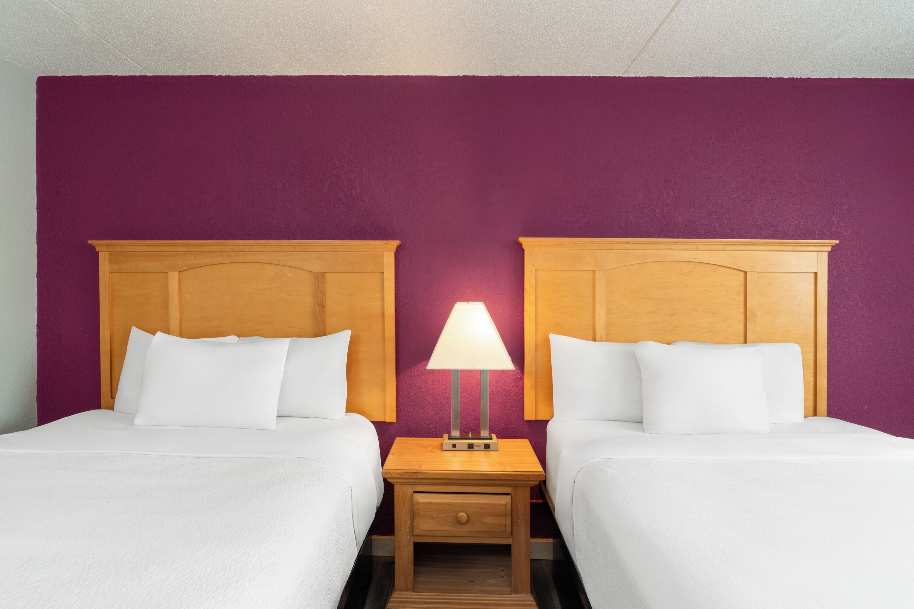A hotel room with two beds, a nightstand with a lamp, and a purple wall.