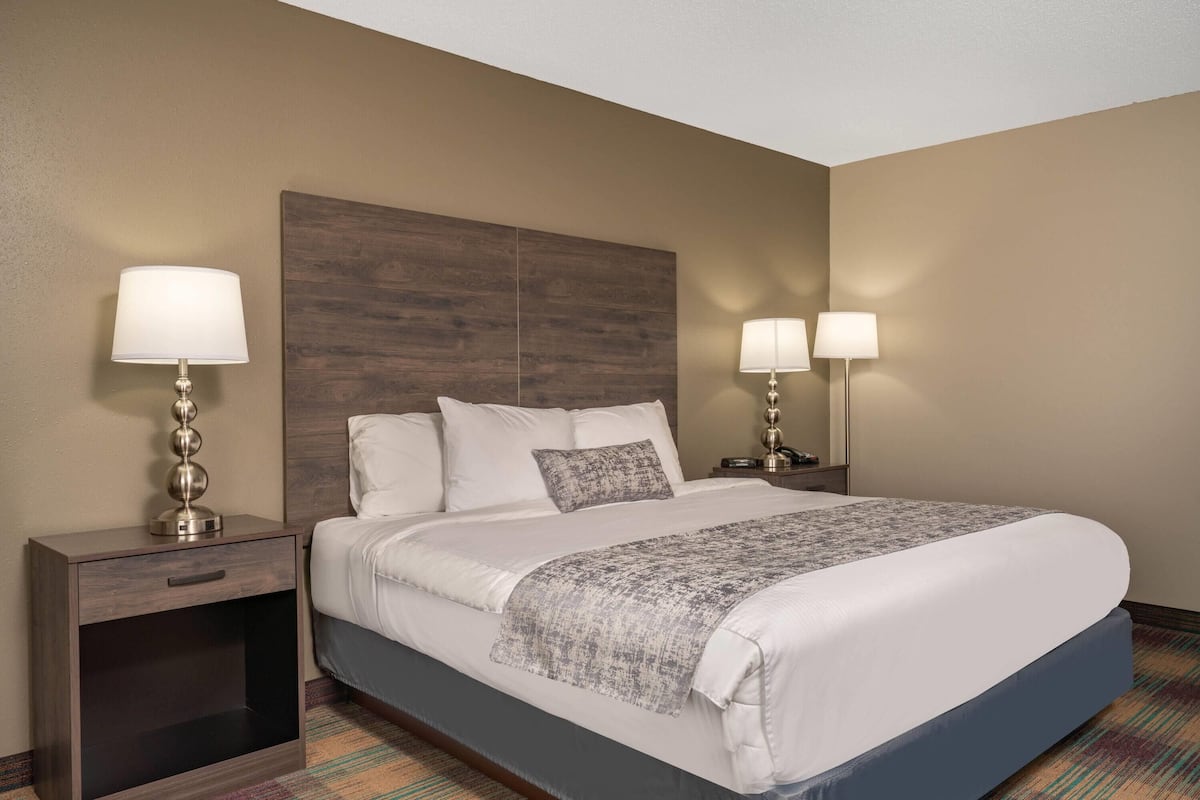 A hotel room with a large bed, two bedside tables, and two wall-mounted lamps.