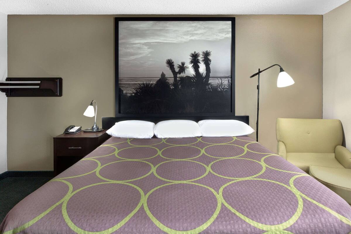 A hotel room with a bed, a nightstand with a lamp, a chair, and a large framed picture of a beach scene.