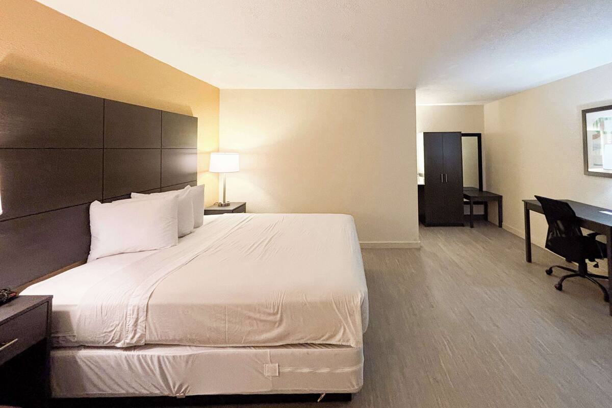 A hotel room with a bed, bedside table, lamp, desk, chair, and wardrobe.