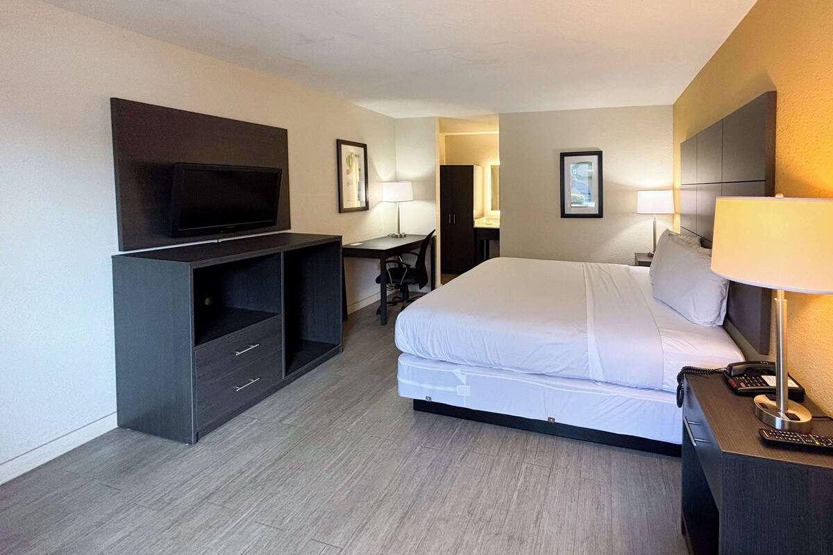 A hotel room with a bed, a desk, a television, and a lamp.