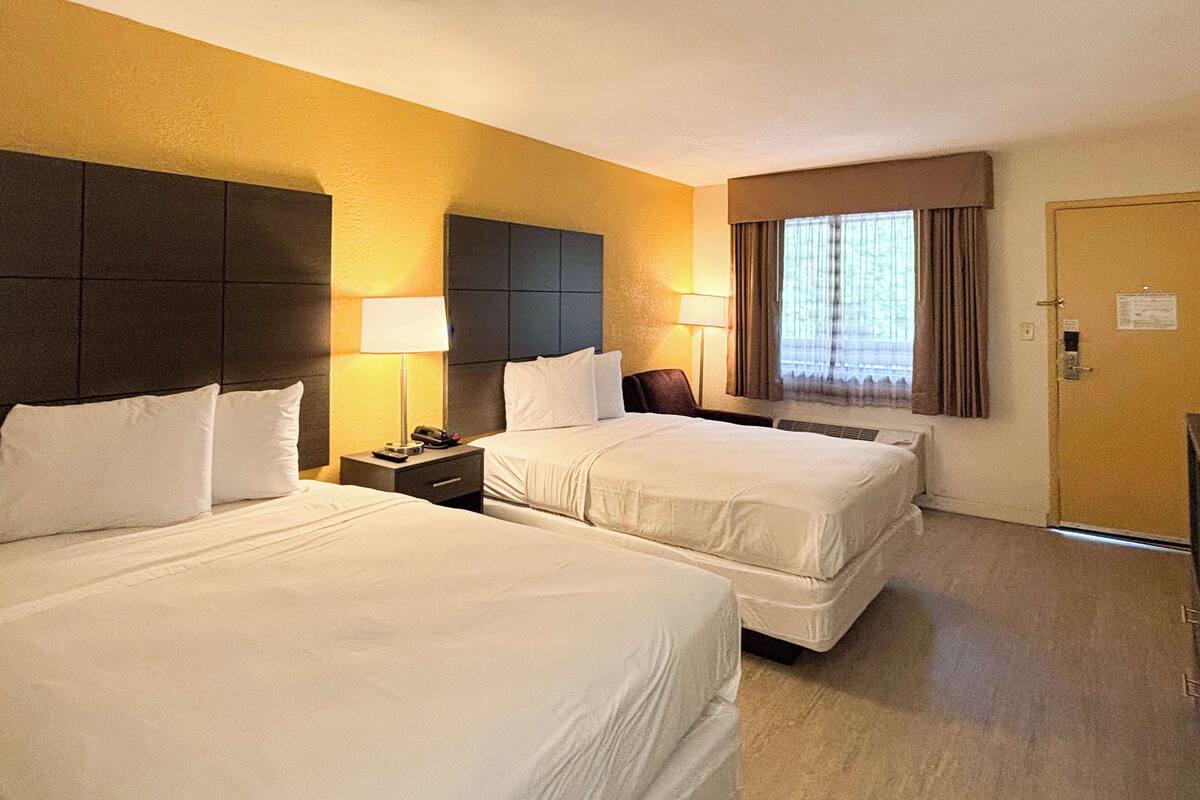 A hotel room with two beds, a nightstand with a lamp, a window with curtains, and a door.