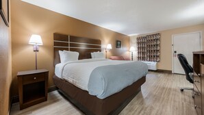 A hotel room with a large bed, two bedside tables with lamps, a desk, and a chair.