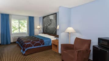 Una habitación de hotel con cama, una silla, televisión y un ventanal con cortinas.