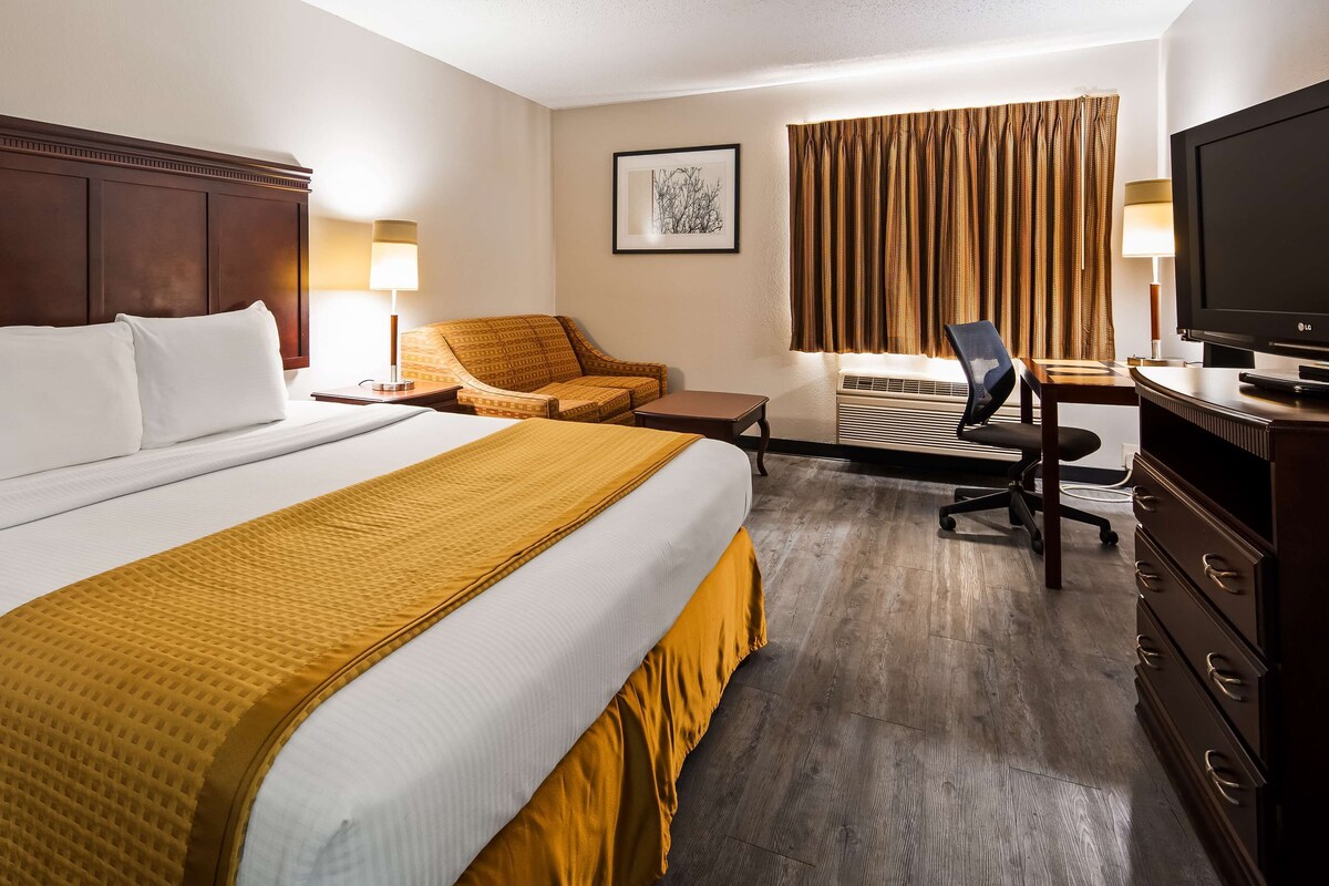 A hotel room with a large bed, a desk, a chair, a television, and a framed picture on the wall.