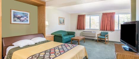 Habitación de hotel con una cama, un sofá verde, un televisor y una ventana con cortinas.